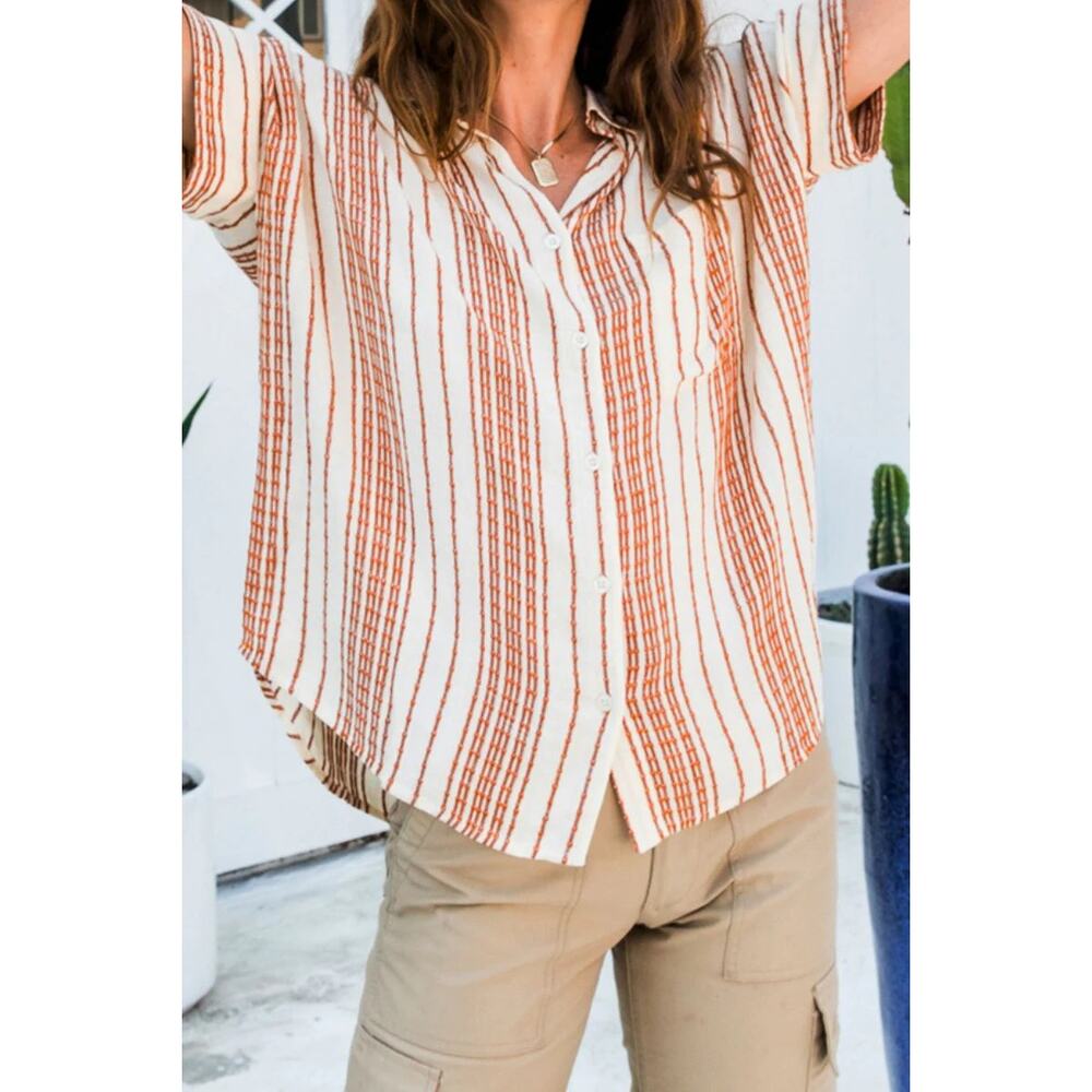 En Creme Tay Striped Short Sleeve Button-Down Shirt Top Cream Camel Womens Large